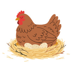 Hen Sitting on Nest with Eggs. Flat Vector Illustration