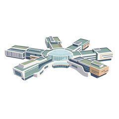 Modern Hospital Building Architecture Vector Graphic Clean Blue and White Flat Illustration Style Featuring a Central Dome and Radiating Wings with Solar Panels on the Roof