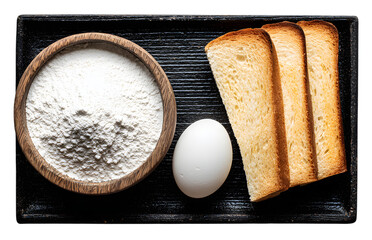 Overhead view of toast, egg, and flour on a dark tray isolated on transparent background baking ingredient top view isolated on transparent