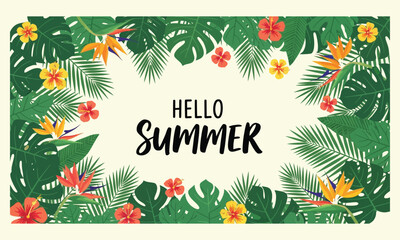 Vibrant 'Hello Summer' greeting banner with tropical foliage and exotic flowers, ideal for seasonal promotions, holiday invitations, and nature-inspired designs