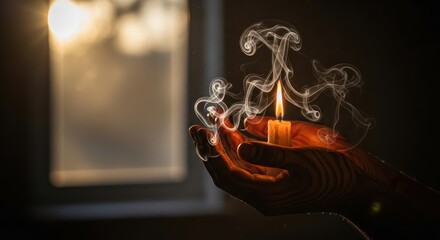 Close-up of a hand holding a small candle with smoke rising, against a dark background with a blurred window reflecting light.