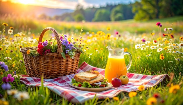 Sunny field with a picnic basket, juice, and a sandwich laid upon a red and white checkered blanket