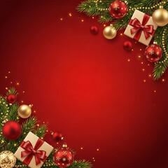 Festive christmas border frame with ornaments and gifts on red background