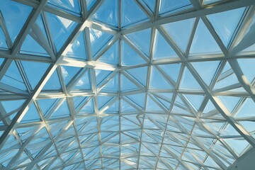 Geometric Skylight Structure with Triangular Panels and Clear Glass Offering Bright Natural Light with a White Steel Framework Against a Clear Blue Sky