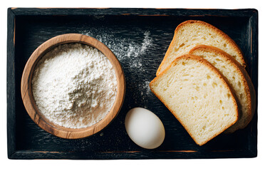 Bread, flour, and egg on a dark tray isolated on transparent background baking arrangement top view isolated on transparent