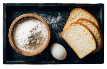 Bread, flour, and egg on a dark tray isolated on transparent background baking arrangement top view isolated on transparent