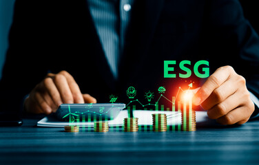 ESG sustainable investment concept with businessman stacking coins and environmental, social, and governance icons showing growth, responsibility, green financial strategy for corporate sustainability