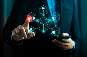 Blockchain technology and cryptocurrency network concept with businessman touching digital financial data cubes. Symbol of innovation, decentralization, fintech, and secure virtual transactions.
