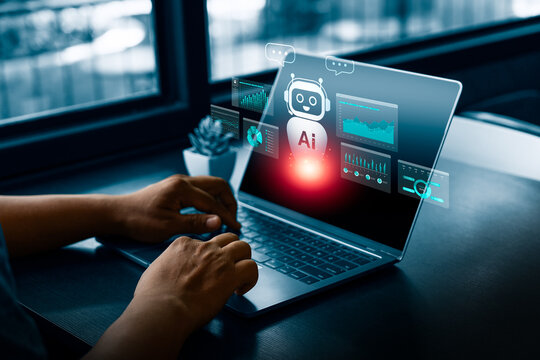 AI assistant helping business concept showing person using laptop with artificial intelligence interface for data analysis, automation, and productivity improvement in modern digital technology - Powered by Adobe