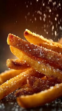 Closeup Of Golden Brown Crispy French Fries With Salt Sprinkled For Social Media