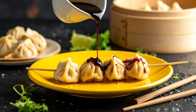 Steamed dumplings on a bright yellow plate drizzled with dark sauce, served with lime and a bamboo steamer backdrop - Powered by Adobe