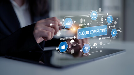 A business professional engages with a tablet featuring cloud computing graphics, illustrating essential data management, storage solutions, and digital privacy features. Tessel