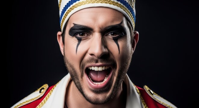 Young caucasian male circus performer in makeup and costume