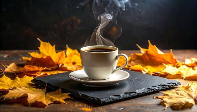 Steaming beverage in white cup, with autumn leaves on a slate board and a wooden surface - Powered by Adobe
