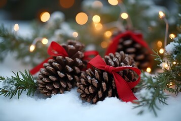 Rustic Pinecones and Red Ribbons in Snow: Close-up composition of rustic pinecones tied with red ribbons resting on snow, surrounded by small fairy lights and evergreen twigs.
