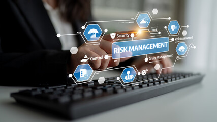A modern representation of risk management featuring a digital interface with security and control elements, emphasizing analysis and crisis management in business operations. Tessel