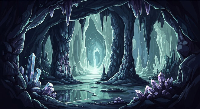 Enchanted underground crystal cave with shimmering water and mystical light deep within the earth