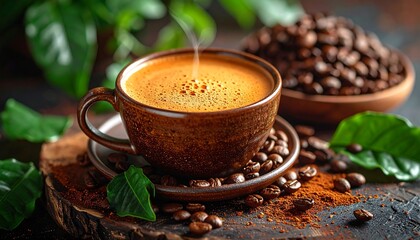Steaming brown cup of coffee sits atop a rustic wooden platter surrounded by beans and vibrant green coffee leaves
