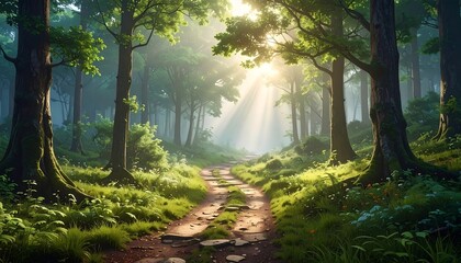 Fototapeta premium Sunlit forest path, verdant undergrowth, and towering trees evoke a sense of tranquility and natural beauty