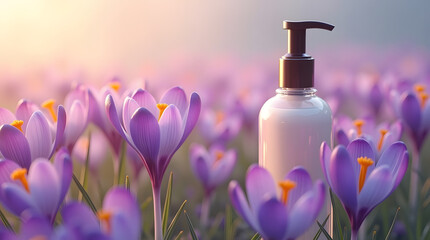 purple crocus flowers and mock body lotion bottle 