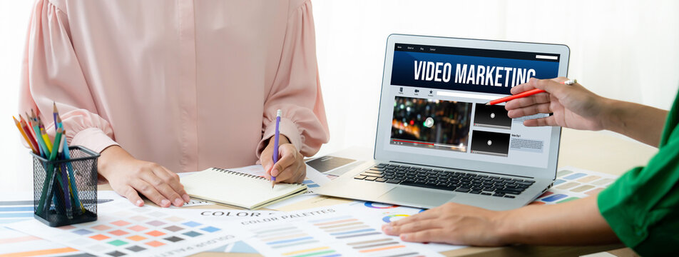 Video Marketing Concept on Laptop Screen. Video Marketing Advertising Business on Social Media and brisk Internet Network Technology Concept