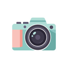Cute teal and pink camera with a large lens, flat design illustration