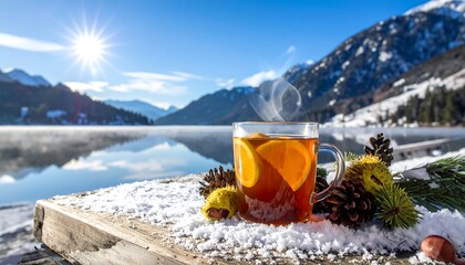 Steaming citrus tea by a lake, snowy mountain vista under a bright sun. Cozy and warm amidst a winter landscape