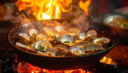 Steaming clams with chopped herbs cook over an open fire, blurring flames and cooking details create a warm scene