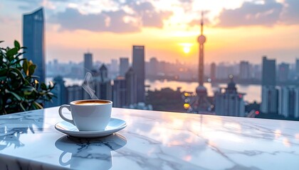 Steaming coffee cup on marble with blurred cityscape at sunset, evoking a sense of calm and urban relaxation