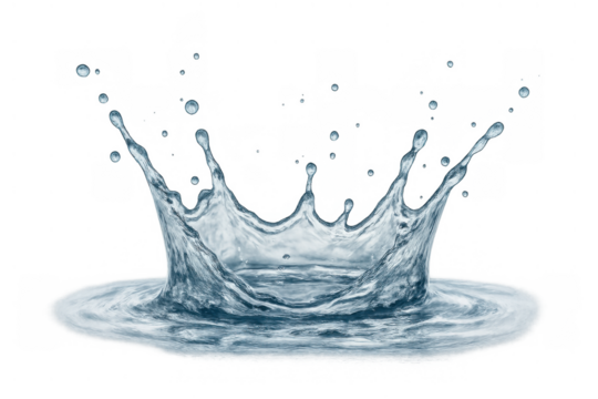 Water splash forming a crown shape creating a dynamic ripple effect with flying drops, transparent background
