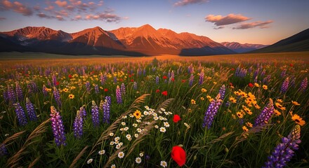 Vibrant Wildflower Meadow with Majestic Mountains at Sunset.