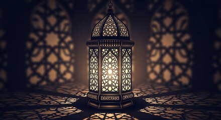 Ramadan lantern with intricate islamic pattern shadows creating a festive atmosphere for celebration