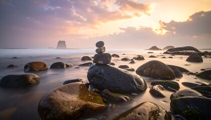 Serene Sunset at the Rocky Coast with Balanced Stones and Calm Ocean