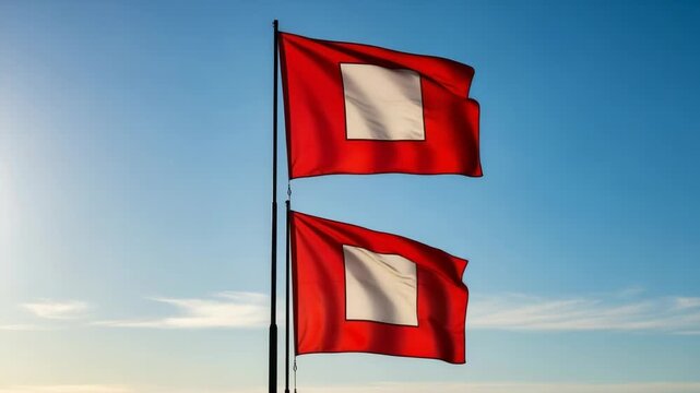 Two red flags with white squares fly against a blue sky