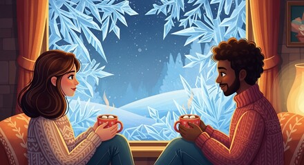 Couple enjoying a Cup of Hot chocolate inside a cozy interior during winter morning with visible icy texture on the window