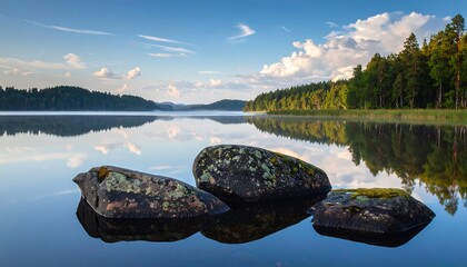Serene lake landscape with reflections of sky, clouds, and trees under blue sky