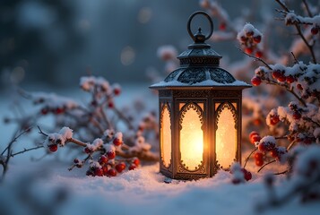 Nordic Christmas Lantern Beside Snowy Branches: Close-up of a glowing Nordic-style lantern surrounded by snow-covered branches and red berries.