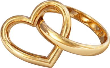 Heart shaped gold ring and classic gold band intertwined, symbolizing love and unity