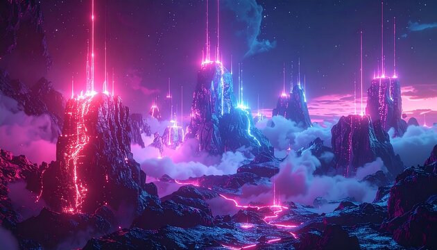 Surreal neon landscape featuring mountain peaks with glowing lines and beams, under a vibrant sky