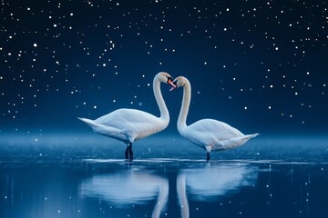 Two swans gracefully float on serene water, creating mirrored reflection. Starry night sky adds magical ambiance, enhancing peaceful scene. Cool tones dominate image. Neural network AI generated
