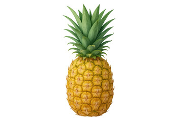 Fototapeta premium Whole fresh pineapple standing upright with green leaves, ripe yellow tropical fruit, healthy food transparent background