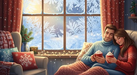 Couple enjoying a Cup of Hot chocolate inside a cozy interior during winter morning with visible icy texture on the window