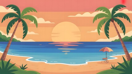 Fototapeta premium Minimalist Tropical Sunset Beach Illustration
