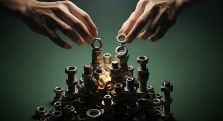 Close-up shot of two hands placing metal washers on bolts in a dark room with cinematic lighting and a moody atmosphere.