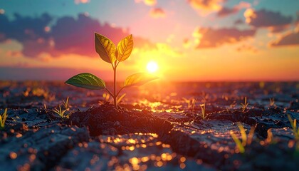Sprout grows in cracked dry soil, backlit by a bright sunset. Hope, rebirth, resilience, arid land