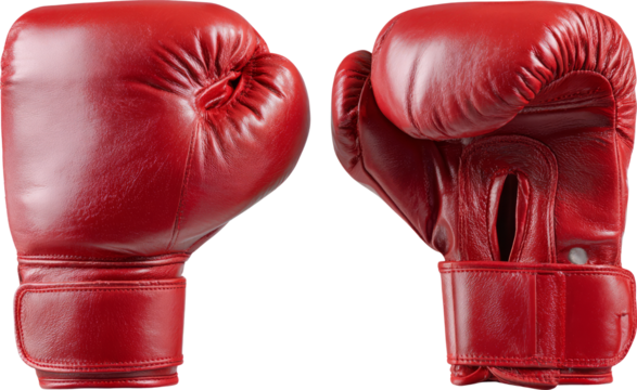 Red boxing glove pair isolated on transparency background, leather sports equipment for training