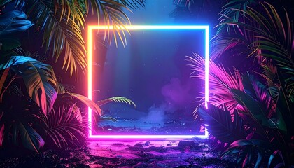 Square neon frame amidst lush, colorful tropical foliage, creating a vibrant, dreamy, and futuristic ambiance