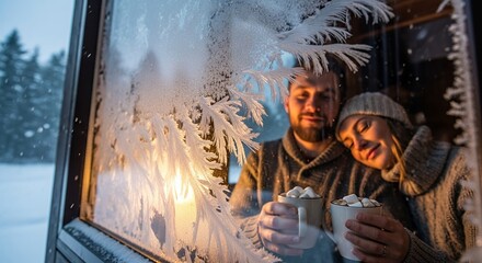 Couple enjoying a Cup of Hot chocolate inside a cozy interior during winter morning with visible icy texture on the window