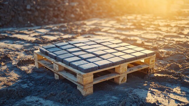 Pallet of paving stones ready for use at a construction site during sunrise in an open area with soft golden light