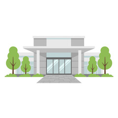 Modern minimalist vector illustration of a white hospital building structure with a red cross sign atop and green trees on the sides under a bright clear sky flat modern style